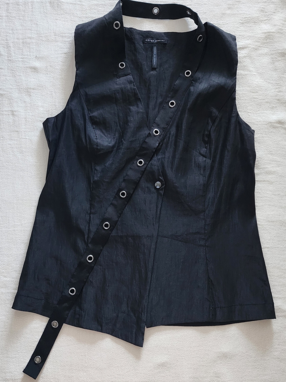 Sarah Pacini Italy Avant Garde Black Linen Asymmetric Eyelet Vest Size 2